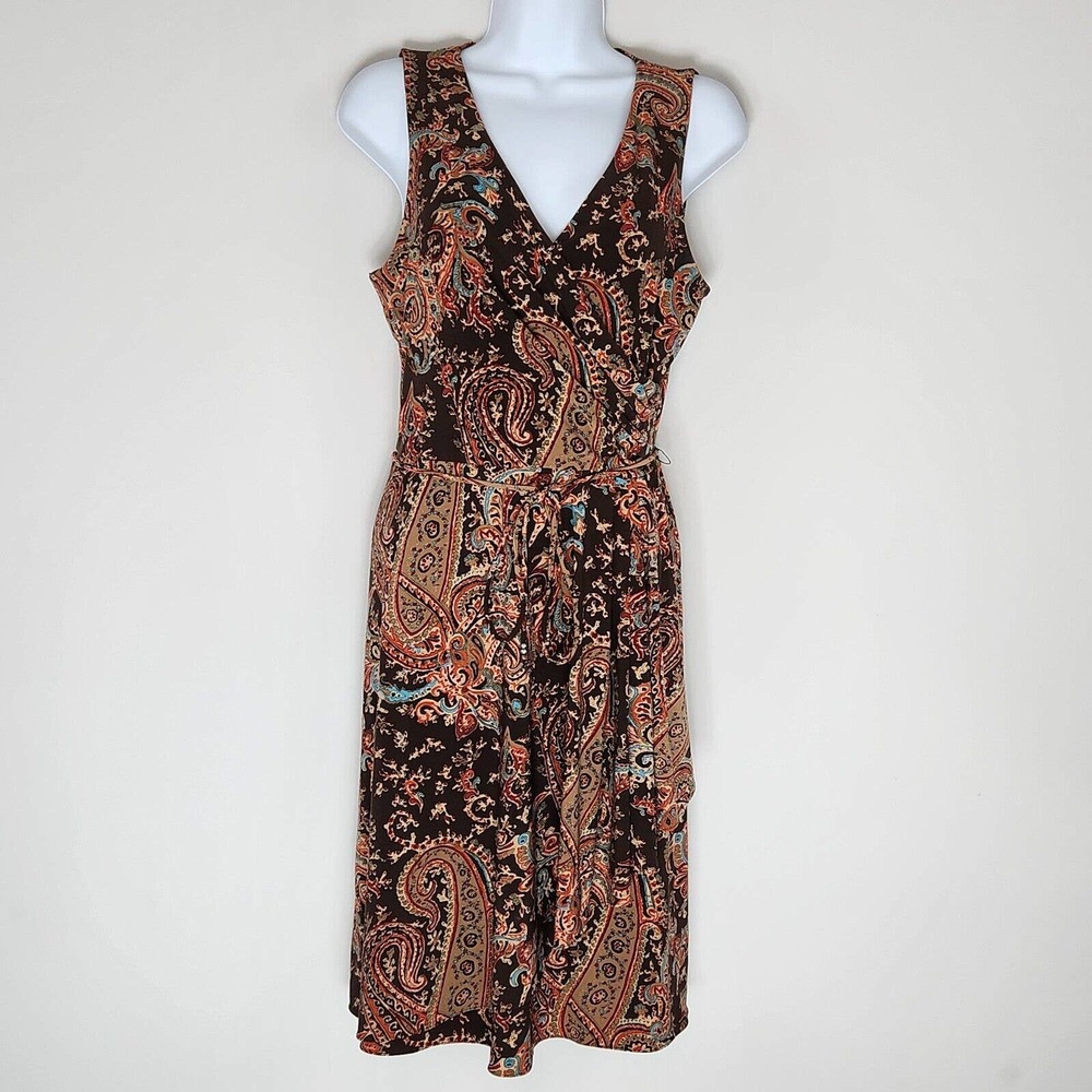Lauren Ralph Lauren Paisley Print Faux Wrap Dress Sleeveless Belted Size PM - Picture 1 of 13